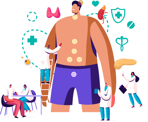 Ilustração de homem gigante cercado por órgãos e ícones relacionados à saúde sendo avaliado por diversos médicos