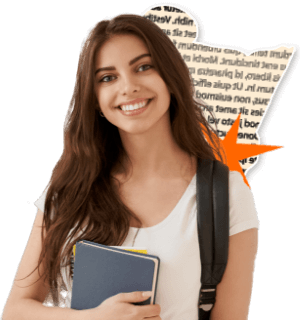 Estudante branca de cabelo castanho liso de camiseta branca e bolsa, sorrindo enquanto segura livros e cadernos